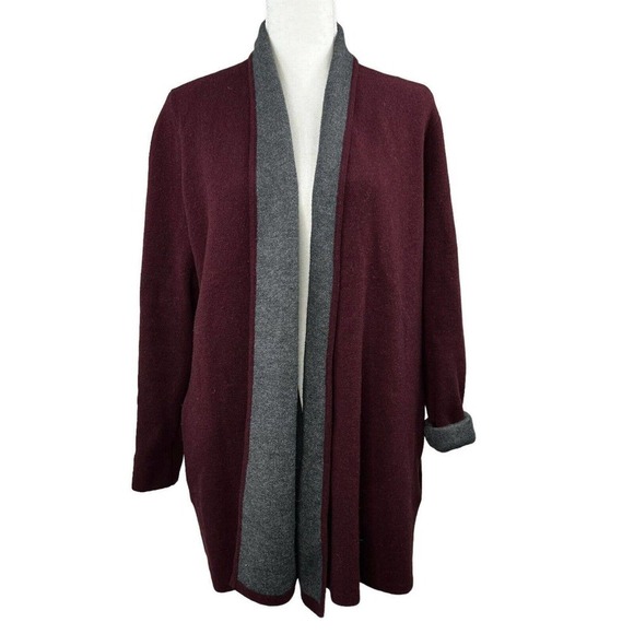 Ann Taylor Loft Maroon Gray Wool Blend Open Cardigan XS Sweater Jacket - Picture 1 of 14